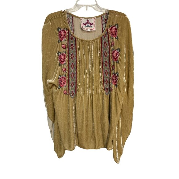 Johnny Was Los Angeles Gold Velvet Top S Embroidered‎ Floral Boho Style Pleated - Picture 1 of 7